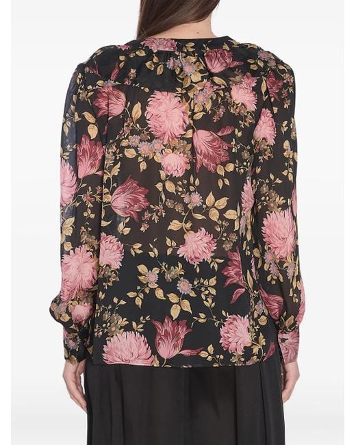 Chloé Black V-Neck Floral Print Ruffled Blouse
