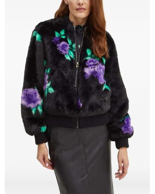 Silvian Heach Black Floral-Print Bomber Faux-Fur Jacket