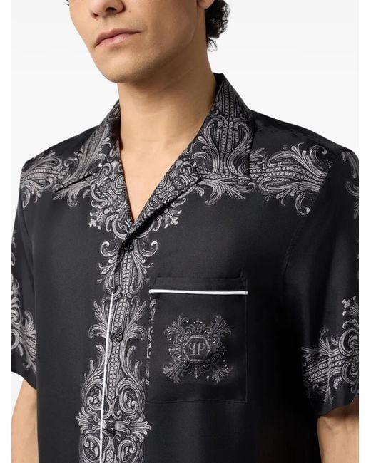 Philipp Plein Black Baroque-Print Bowling Shirt for men
