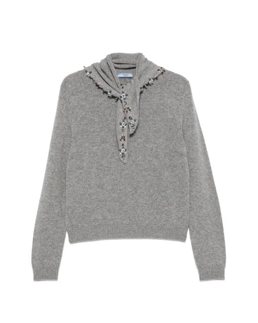 Prada Gray Crystal-Embellished Cashmere Sweater