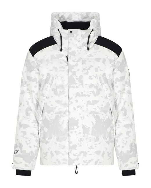 EA7 White Camouflage-Print Hooded Down Jacket for men