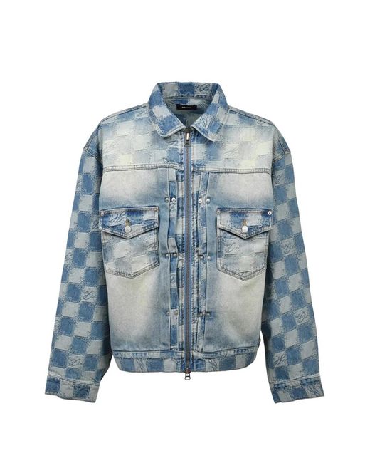 BREATH Blue Check-Pattern Distressed Denim Jacket for men