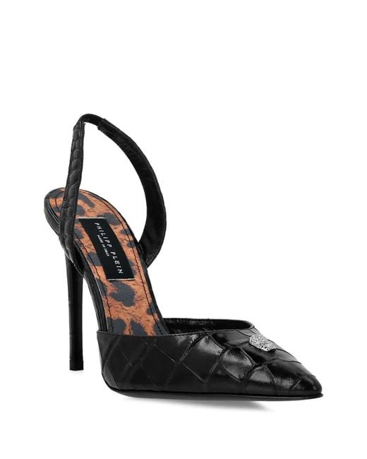Philipp Plein Black Crocodile Effect Slingback Pumps