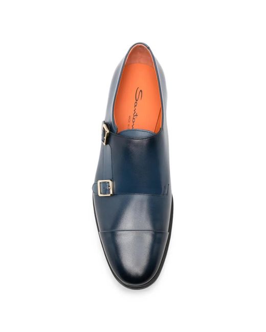Santoni Blue Double Buckle-Strap Leather Monk Shoes for men
