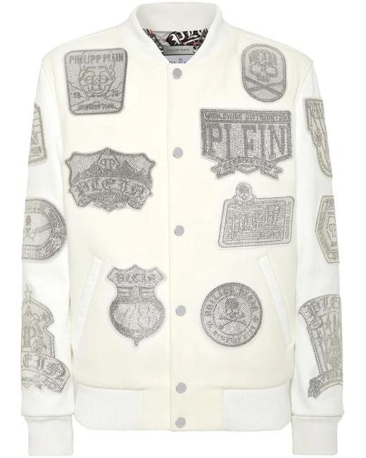 Philipp Plein White Crystal College Bomber Jacket for men
