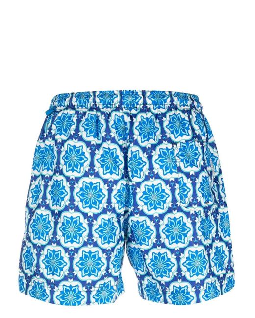 Peninsula Blue Geometric-Print Swim Shorts for men