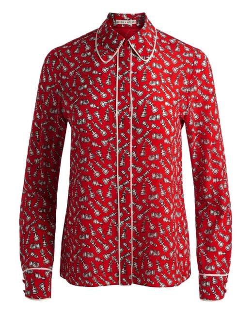 Alice + Olivia Red Paspeliertes Willa Hemd Mit Schach-Print