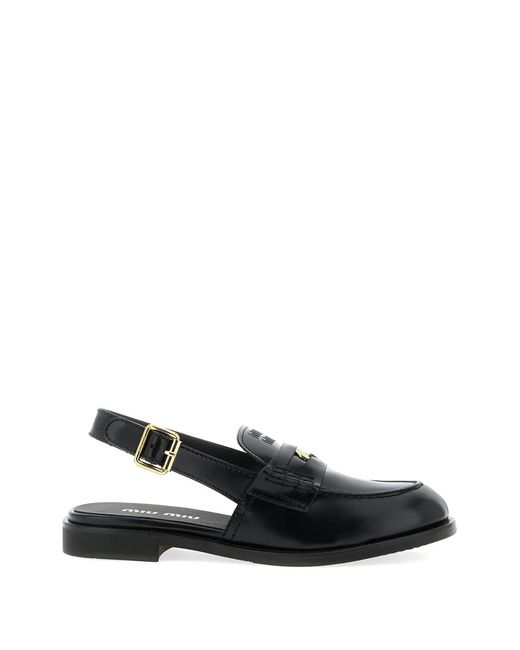 Miu Miu Black Brushed Leather Slingback Loafers