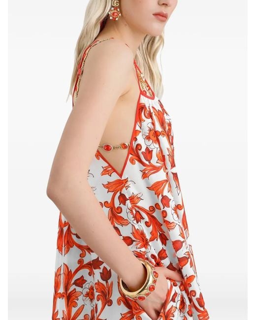 Dolce & Gabbana White Majolica-Print Habotai Long Dress