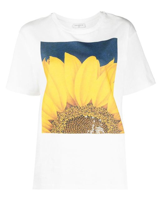 Sandro White Sunflower-print Cotton T-shirt