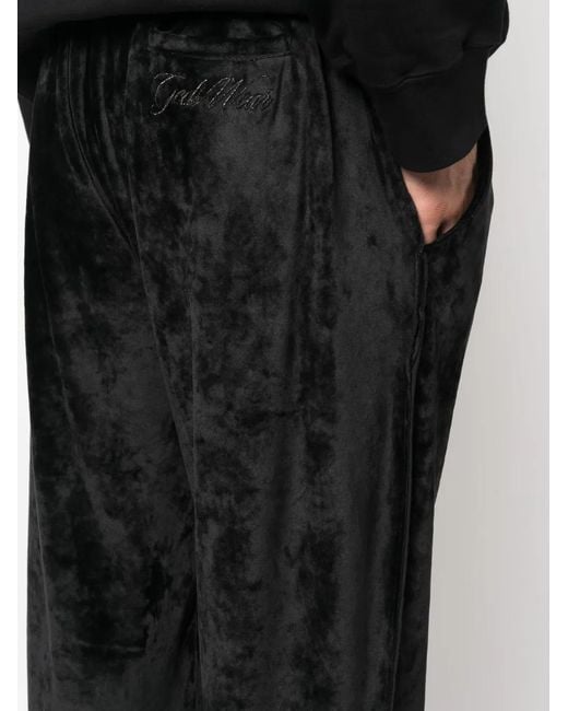 Gcds Black Logo-Embroidered Velvet Trousers for men