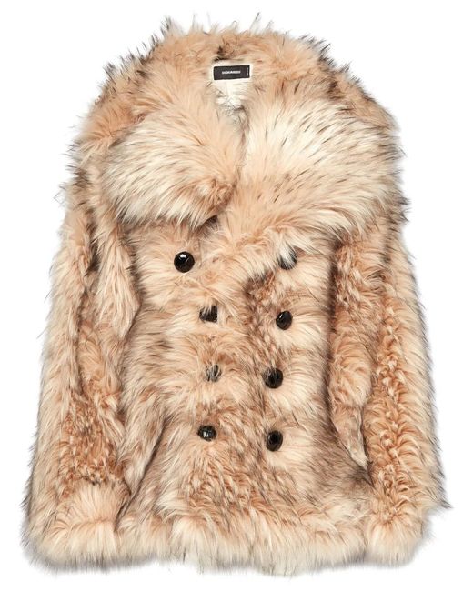 DSquared² Natural Double-Breasted Faux-Fur Coat