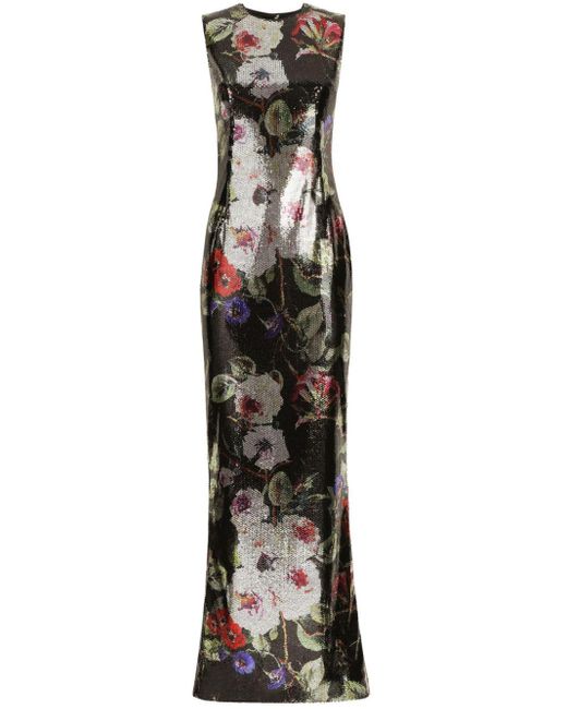 Dolce & Gabbana Black Floral-print Sequinned Gown