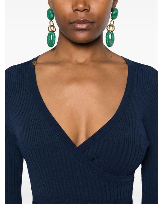 Elisabetta Franchi Blue Fitted Knit Dress With Deep V-Neckline