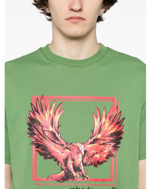 Roberto Cavalli Green Graphic-Print Cotton T-Shirt for men