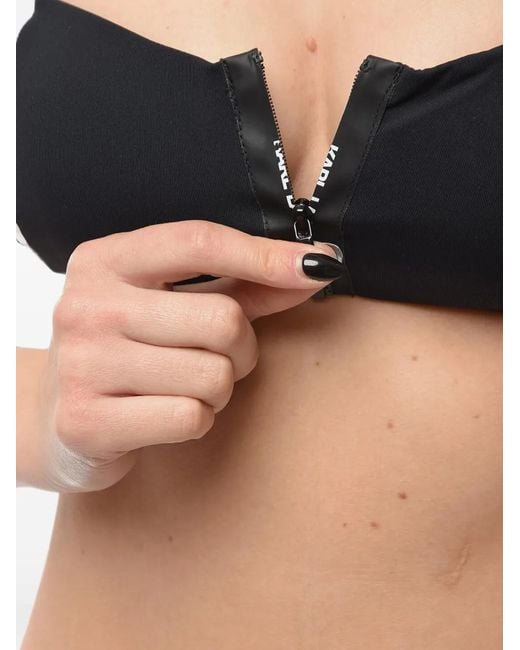 Karl Lagerfeld Black Logo-Print Front-Zip Bikini Top