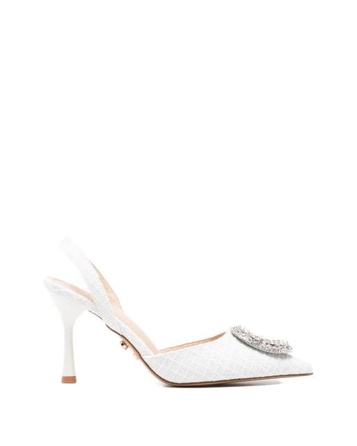 Twentyfourhaitch White Tortuga Embellished Slingback Pumps