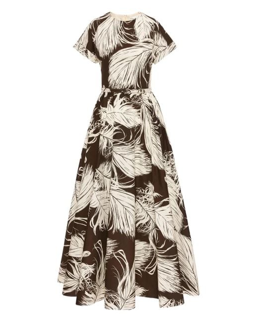 Oscar de la Renta White Feather-Print Poplin Dress