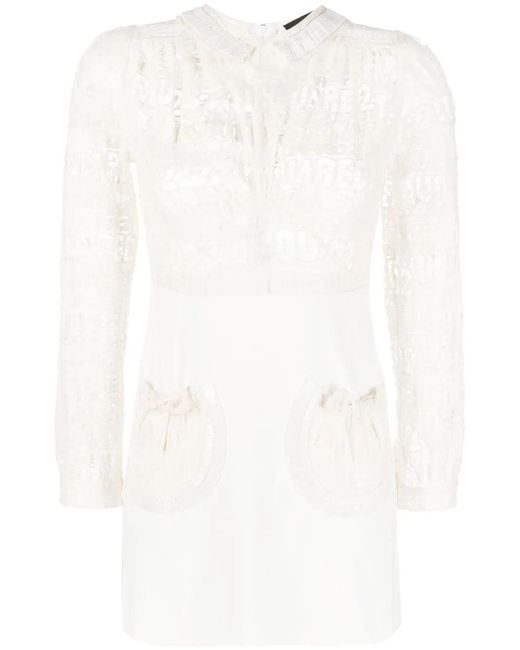 DSquared² White Logo-Lace Long-Sleeve Minidress