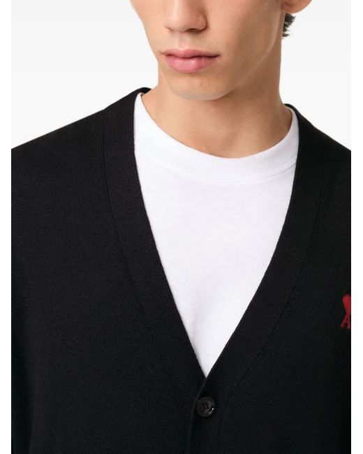 AMI Black De Coeur Wool Cardigan for men