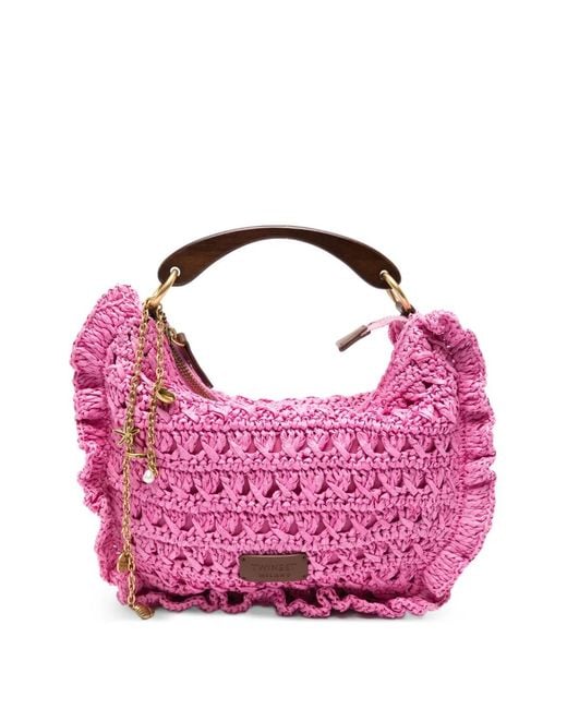 Twinset Pink Ruffled Woven Tote Bag