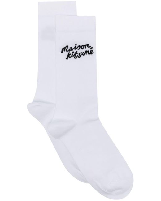 Maison Kitsuné White Handwriting Socken mit Logo-Intarsie