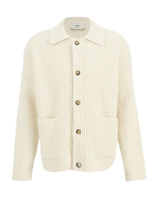 AMI White Ribbed Knit Cardigan for men