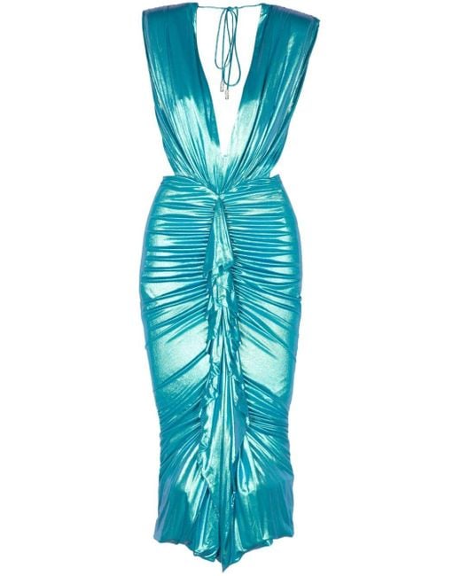Alexandre Vauthier Blue Foiled Drape-detailing Dress
