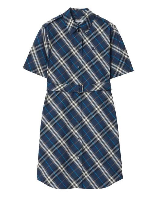 Burberry Blue Robe-Chemise Courte À Carreaux