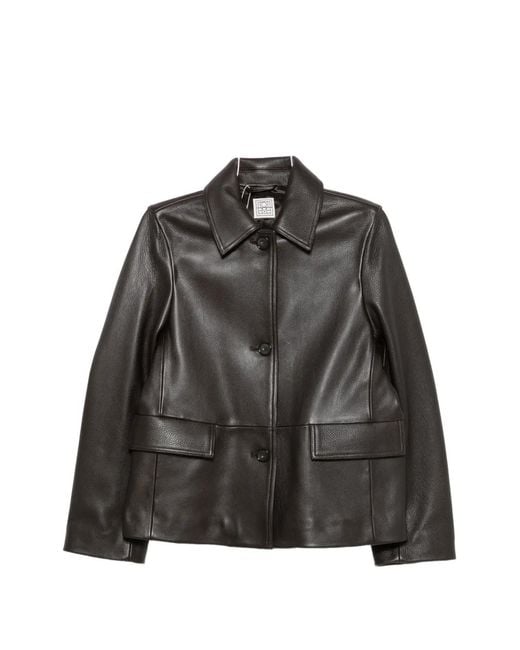 Totême Black Collared Grained-Leather Jacket