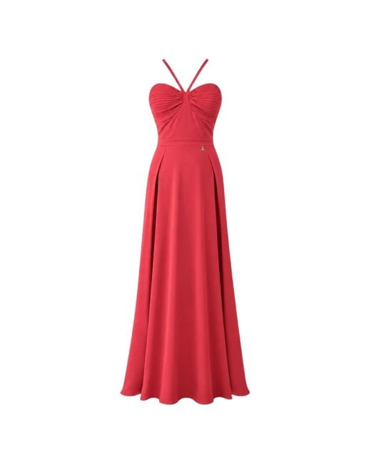 DIVEDIVINE Red Flora Draped-Bodice Side-Slit Maxi Dress