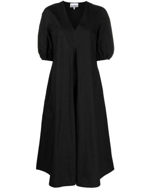 Robe longue en popeline à col v Ganni en coloris Black