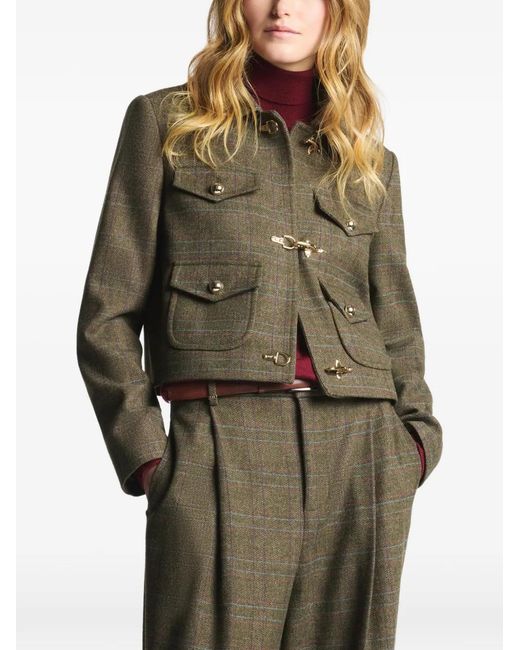 Fay Green Check-Pattern Toggle-Fastening Cropped Jacket