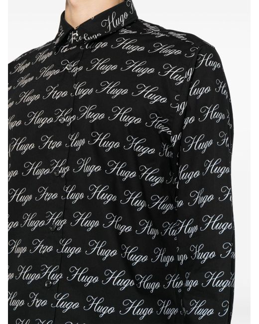 HUGO Black Logo-print Cotton Shirt for men