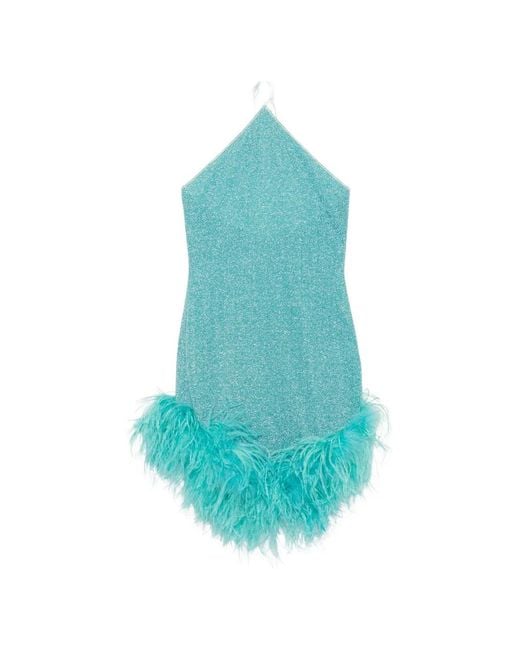Oseree Blue Lumiere Feather-Trim Mini Dress