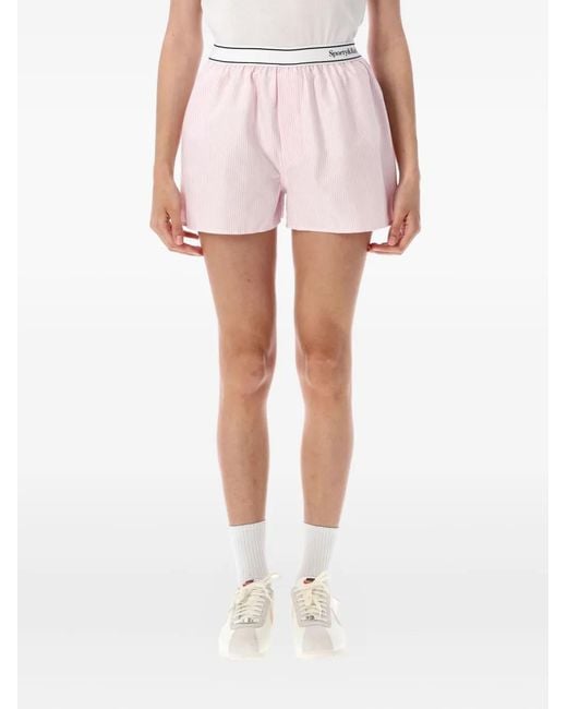 Sporty & Rich Pink Serif Logo Oxford Boxer Stripe-Pattern Shorts