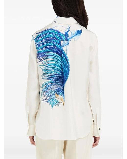 Ferragamo Blue Feather Show Print Silk Shirt