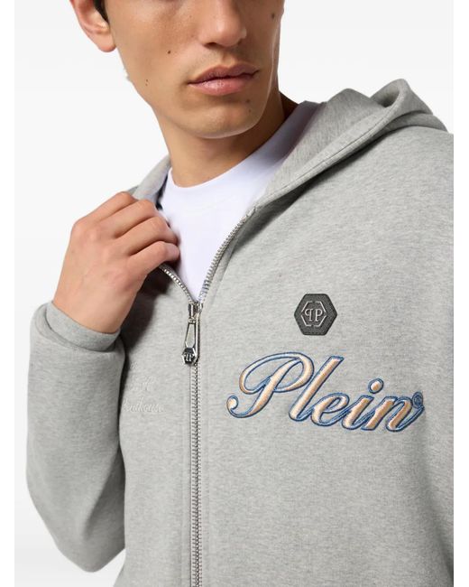 Philipp Plein Gray Embroidered-Logo Zip-Up Hoodie for men
