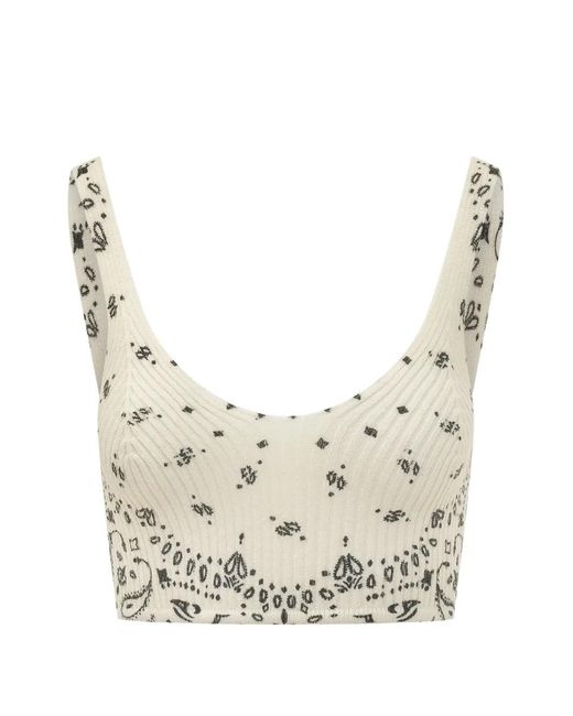Kujten White Paisley-Print Ribbed-Knit Top