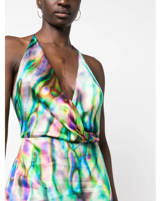 David Koma Blue Abstract-Print Halterneck Silk Minidress