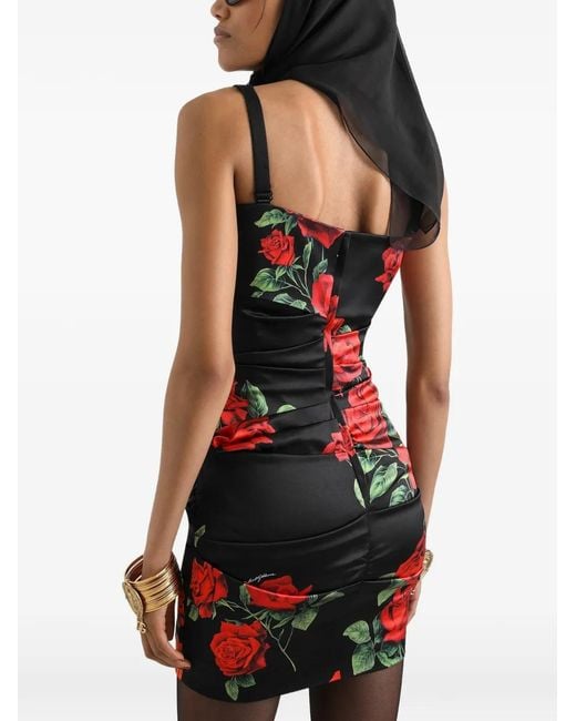 Dolce & Gabbana Red Rose-Print Satin Mini Dress