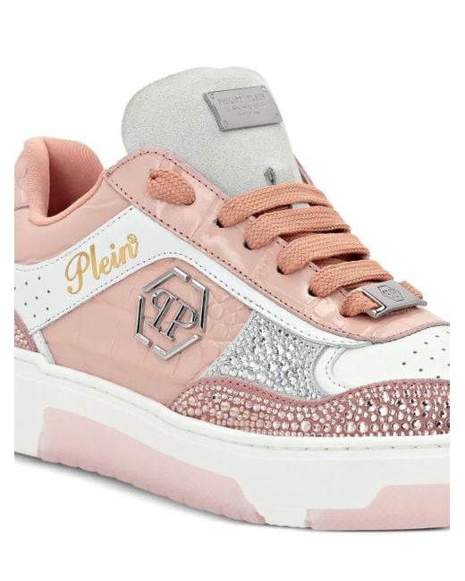 Sneakers Con Cristalli E Goffratura Effetto Coccodrillo di Philipp Plein in Pink