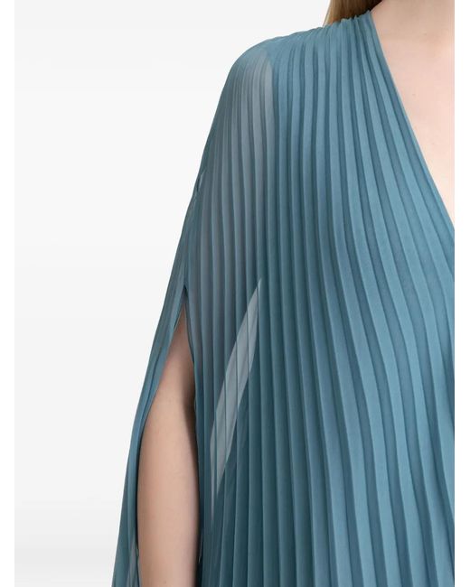 Gemy Maalouf Blue Plissé V-Neck Maxi Dress