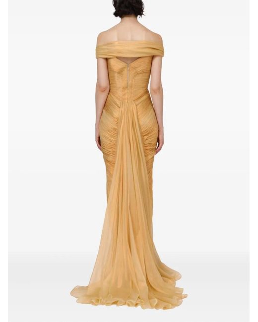 IRIS SERBAN Metallic Off-Shoulder Pleated Dress