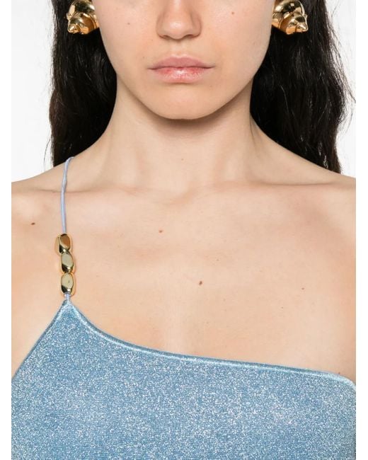 Oseree Blue Chain-Embellished One-Shoulder Dress