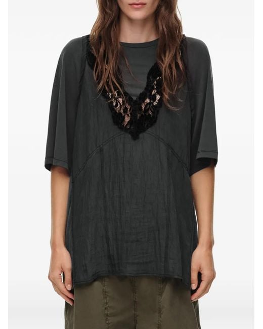 Bimba Y Lola Black Washed Lace Chest T-Shirt