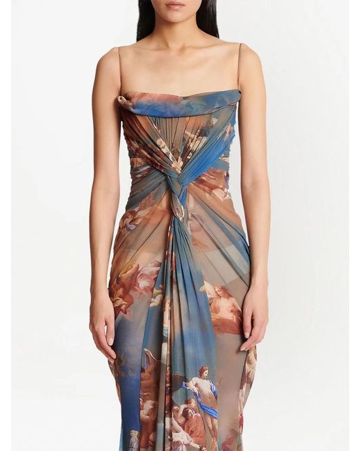 Balmain Brown Sky-Print Tulle Maxi Dress