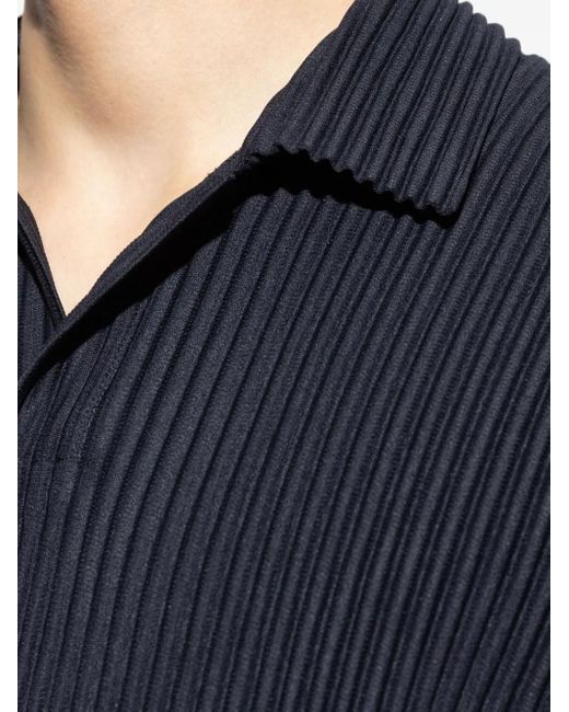 Homme Plissé Issey Miyake Blue Textured Pleated Polo Shirt With Classic Collar for men