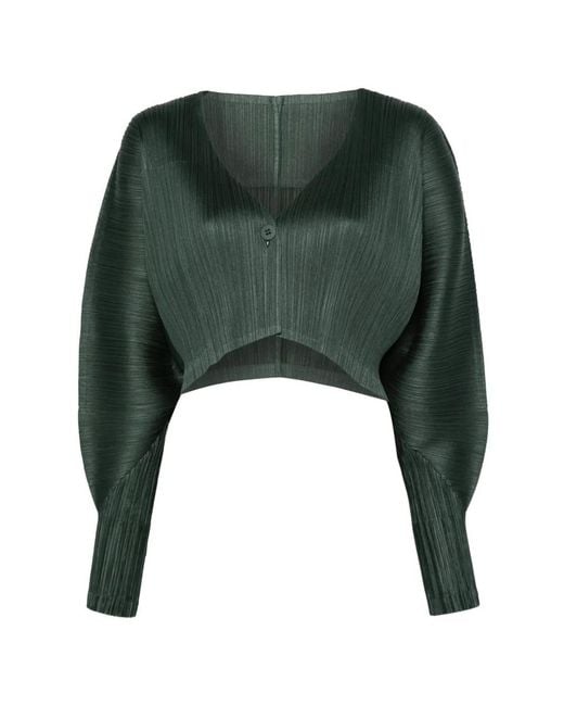 Pleats Please Issey Miyake Green Pleated V-Neck Top