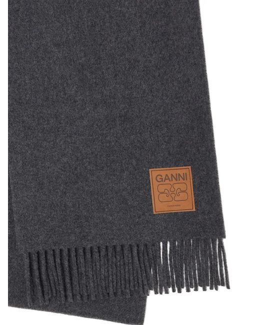 Ganni Gray Fringed Scarf With Logo Patch